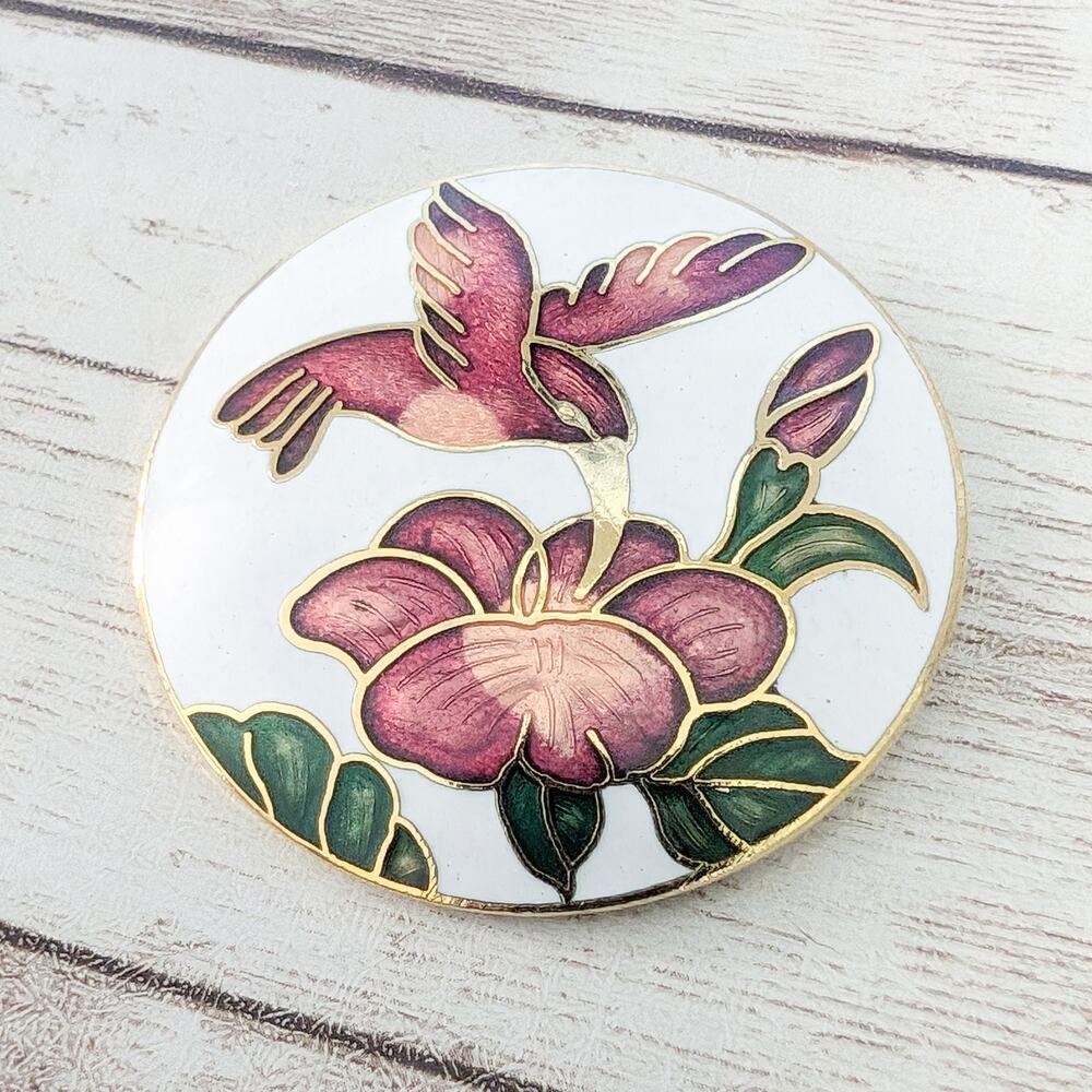 Vintage Brooch Cloisonne Large Statement Red Hummingbird Bird Flower Floral
